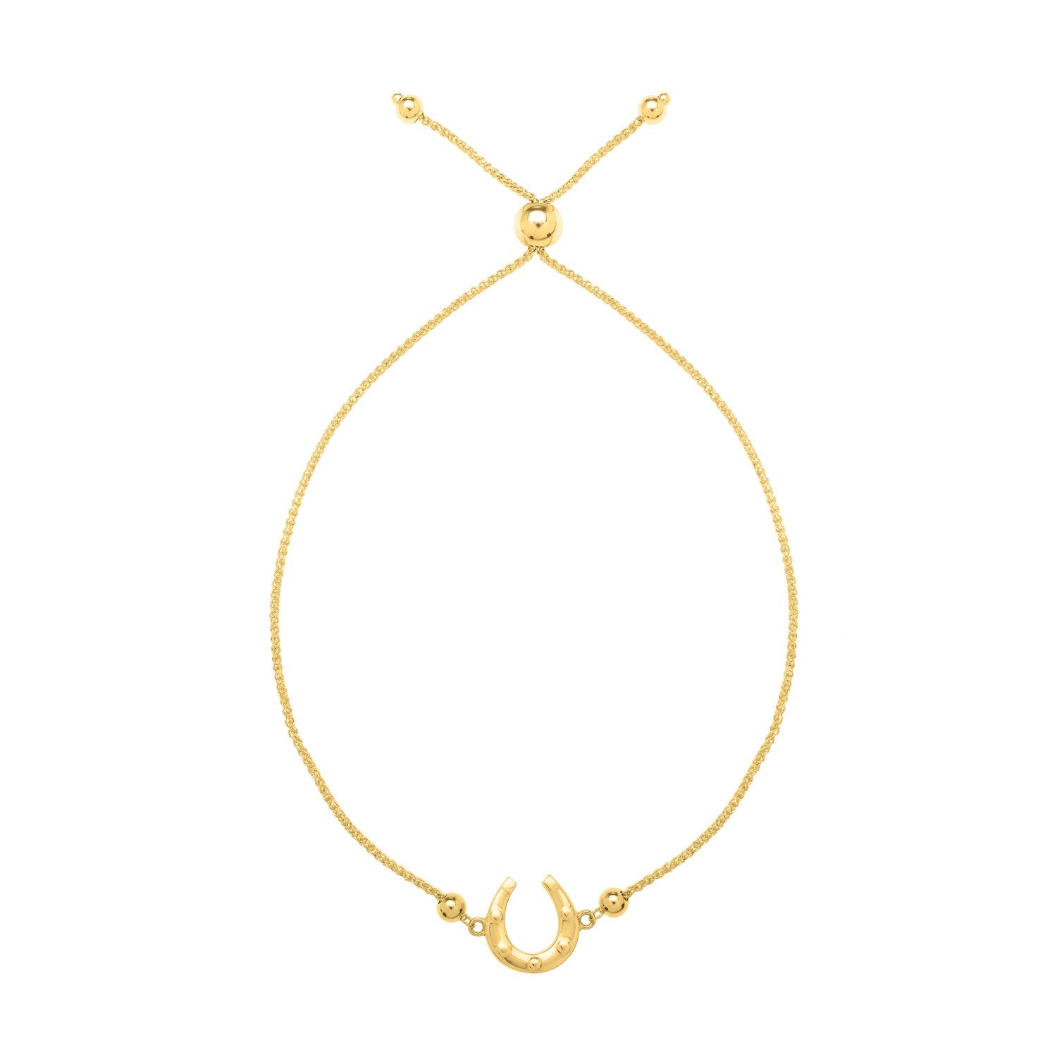 Adjustable Horseshoe Draw String Bracelet in 14K Yellow Gold in a sleek high-contrast midnight luxury editorial style